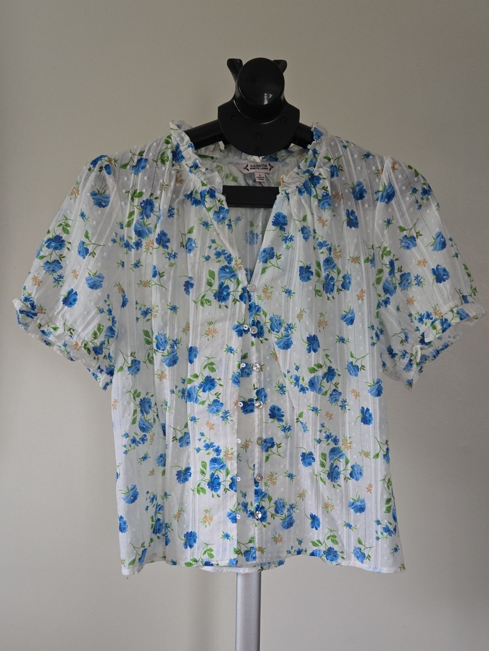 Nanette Lepore Blue White Floral Ruffle Button Blouse